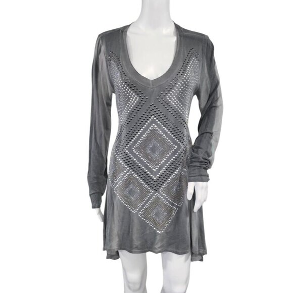Be Vocal Studded Lagenlook Artsey Rocker Festival Y2K Whimsy Tunic Top Gray L - Picture 11 of 11